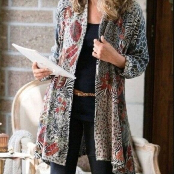 Soft Surroundings Sweaters - Soft Surroundings Embroidered Animal Print Open Front Cardigan Sweater L/XL